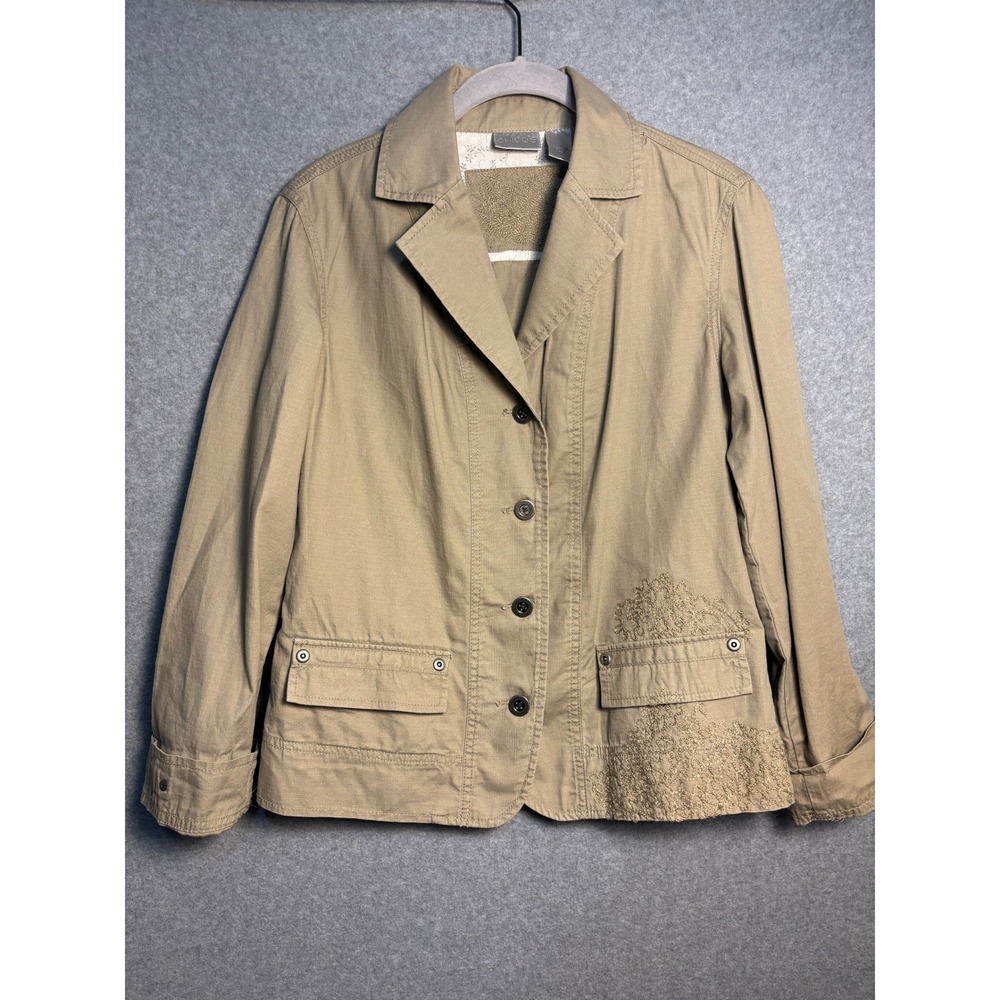 Chico's Embroidered Utility Jacket Beige Cotton Blazer Coat Size 0 S